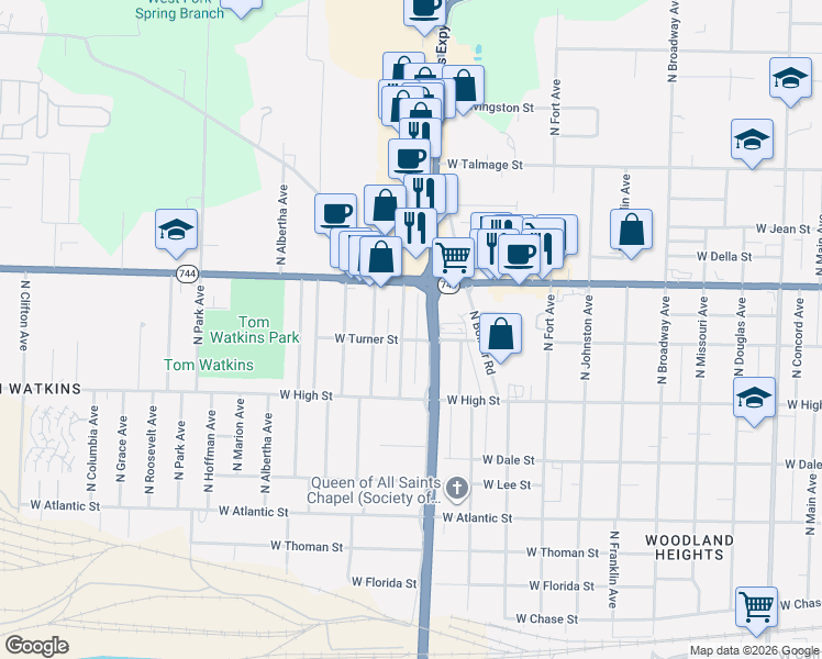map of restaurants, bars, coffee shops, grocery stores, and more near 2256 North Farmer Avenue in Springfield
