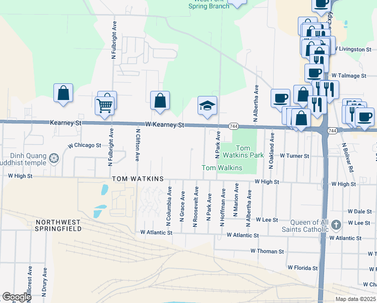 map of restaurants, bars, coffee shops, grocery stores, and more near 2254 North Grace Avenue in Springfield