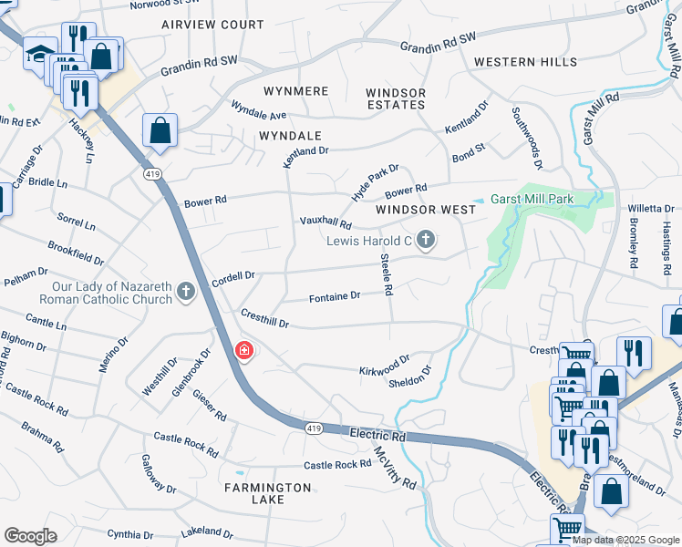 map of restaurants, bars, coffee shops, grocery stores, and more near 4446 Cordell Drive in Cave Spring