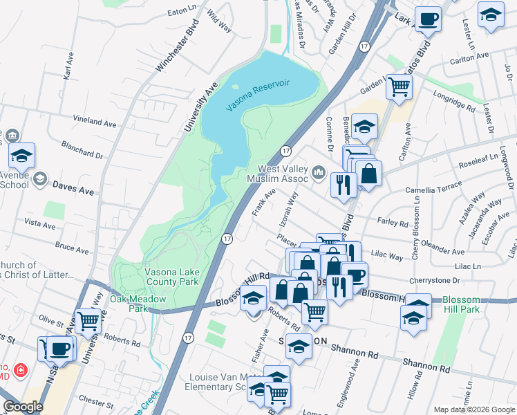 map of restaurants, bars, coffee shops, grocery stores, and more near 16964 Frank Court in Los Gatos