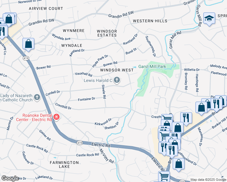 map of restaurants, bars, coffee shops, grocery stores, and more near 4345 Fontaine Drive in Cave Spring