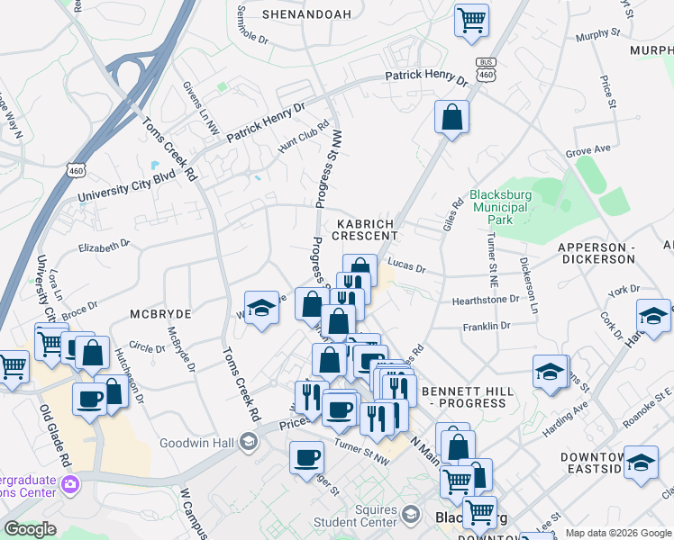 map of restaurants, bars, coffee shops, grocery stores, and more near 906 Montgomery Street Northwest in Blacksburg