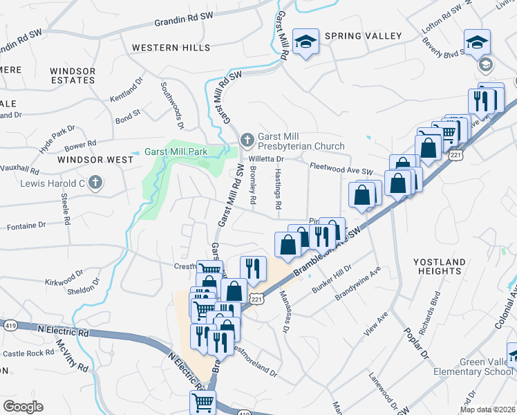 map of restaurants, bars, coffee shops, grocery stores, and more near 3730 Pinevale Rd in Roanoke