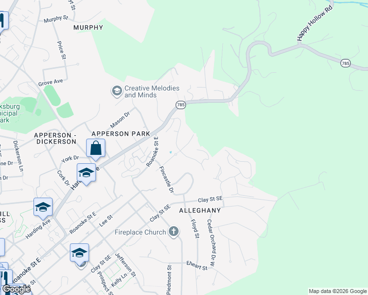 map of restaurants, bars, coffee shops, grocery stores, and more near 1108 Kam Drive in Blacksburg