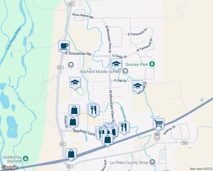 map of restaurants, bars, coffee shops, grocery stores, and more near 100-498 E Columbine Dr in Bayfield
