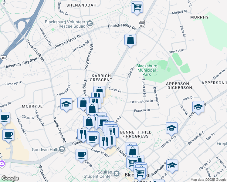 map of restaurants, bars, coffee shops, grocery stores, and more near 119 Hearthstone Drive in Blacksburg