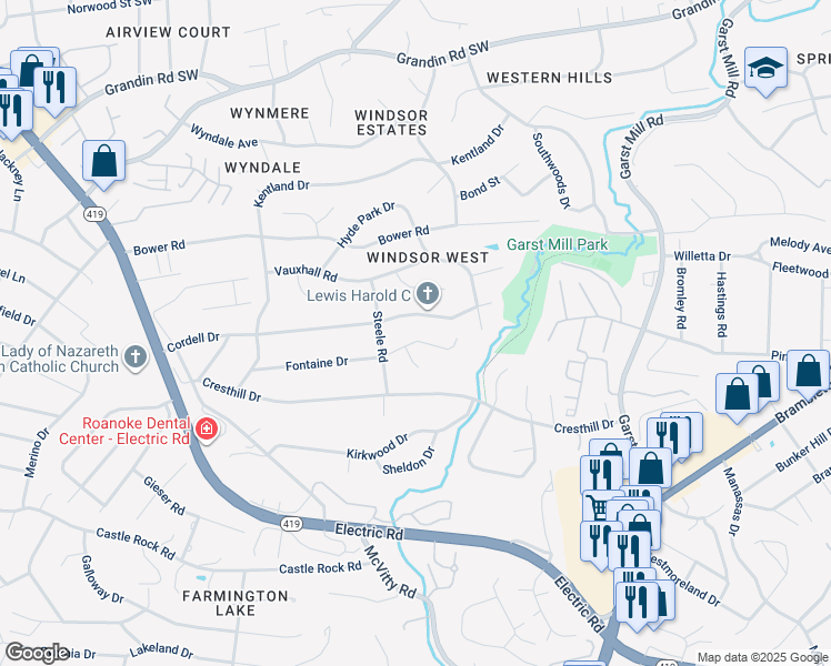 map of restaurants, bars, coffee shops, grocery stores, and more near 4345 Fontaine Drive in Cave Spring