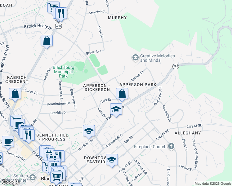 map of restaurants, bars, coffee shops, grocery stores, and more near 306 Patrick Henry Drive in Blacksburg