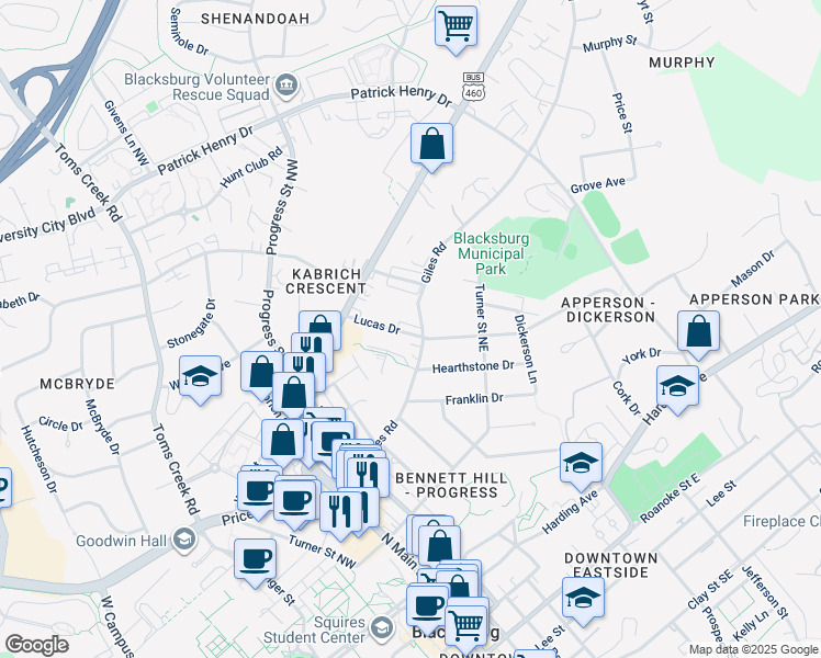 map of restaurants, bars, coffee shops, grocery stores, and more near 129 Lucas Drive in Blacksburg