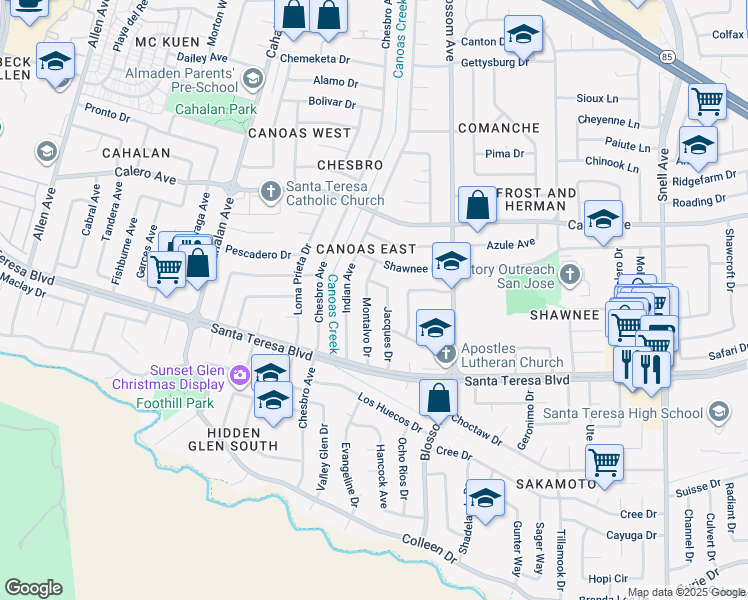 map of restaurants, bars, coffee shops, grocery stores, and more near 6001 Montalvo Drive in San Jose