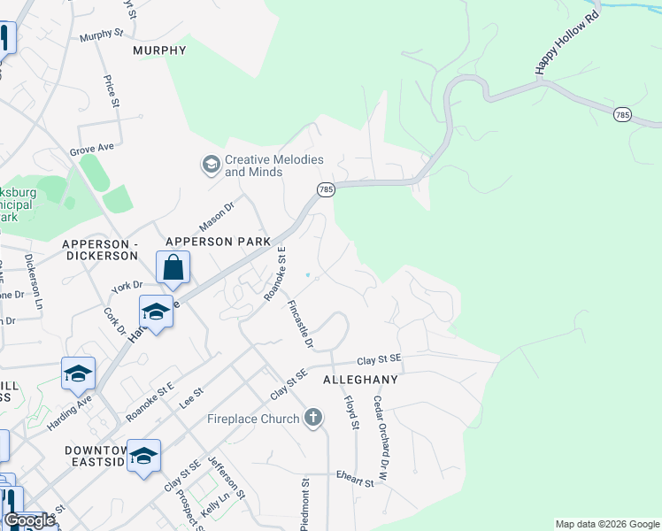 map of restaurants, bars, coffee shops, grocery stores, and more near 1108 Kam Drive in Blacksburg