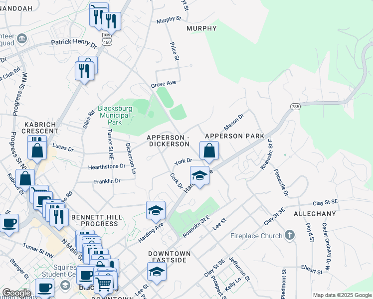 map of restaurants, bars, coffee shops, grocery stores, and more near 707-709 York Drive in Blacksburg