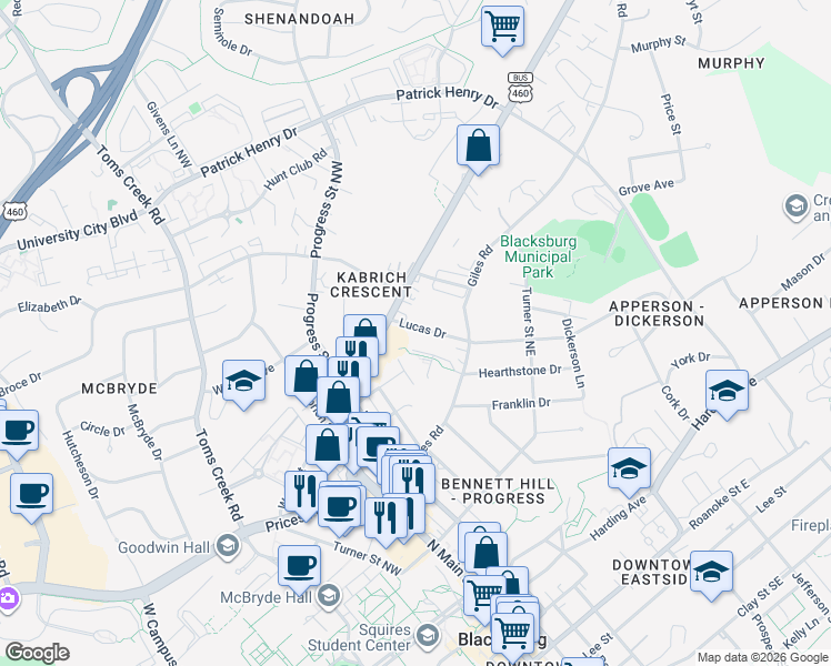 map of restaurants, bars, coffee shops, grocery stores, and more near 117 Hearthstone Drive in Blacksburg