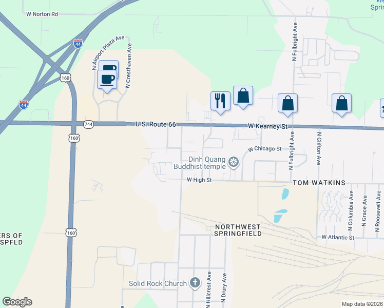 map of restaurants, bars, coffee shops, grocery stores, and more near 2223 North Hillcrest Avenue in Springfield
