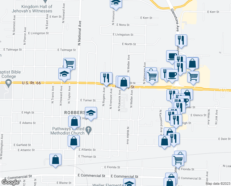 map of restaurants, bars, coffee shops, grocery stores, and more near 2320 North Fremont Avenue in Springfield