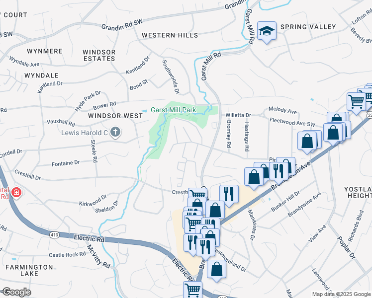 map of restaurants, bars, coffee shops, grocery stores, and more near 4353 Garst Mill Road in Cave Spring