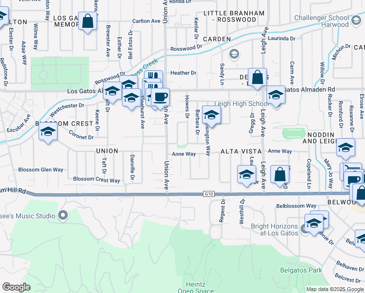 map of restaurants, bars, coffee shops, grocery stores, and more near Thomas Drive in Los Gatos