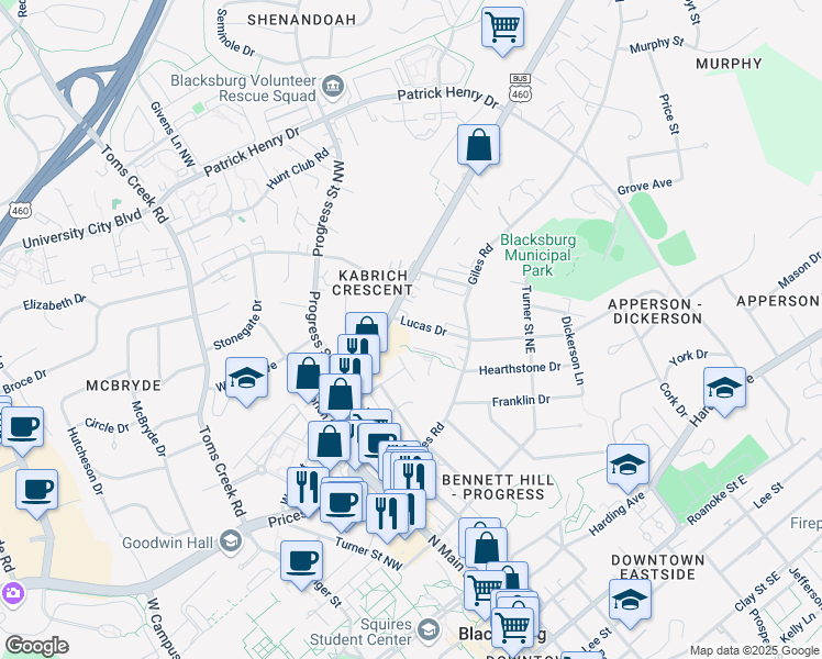 map of restaurants, bars, coffee shops, grocery stores, and more near 106 Lucas Drive in Blacksburg