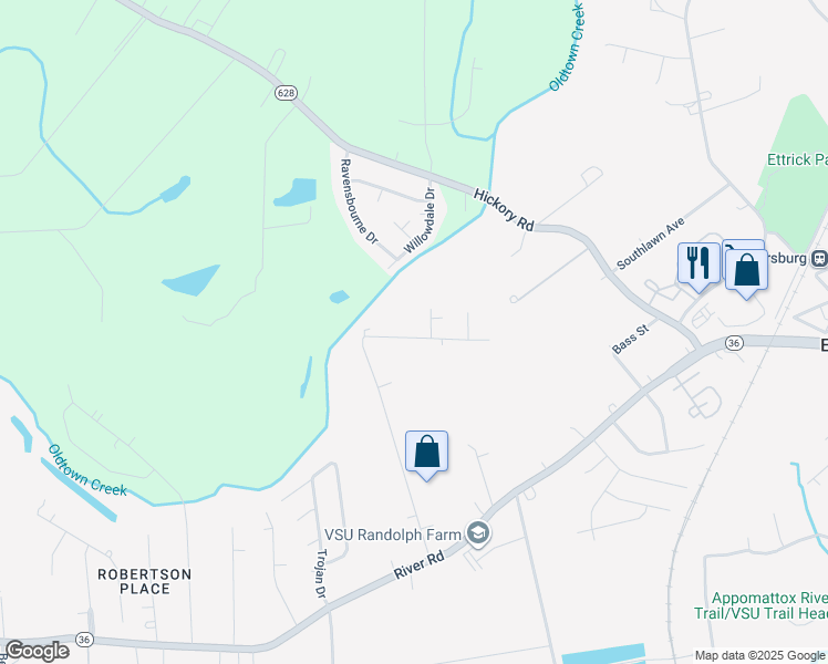 map of restaurants, bars, coffee shops, grocery stores, and more near 4413 Butler Lane in Petersburg