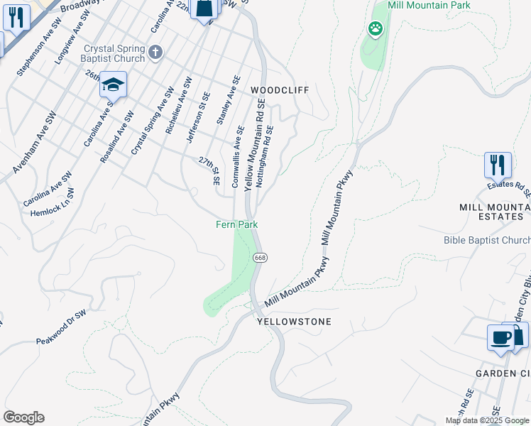 map of restaurants, bars, coffee shops, grocery stores, and more near 2712 Robin Hood Road Southeast in Roanoke
