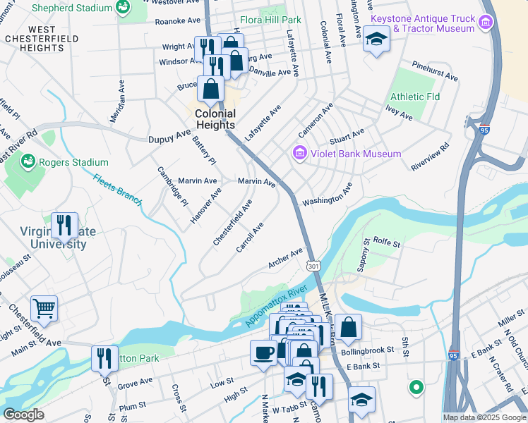 map of restaurants, bars, coffee shops, grocery stores, and more near 116 Carroll Avenue in Colonial Heights