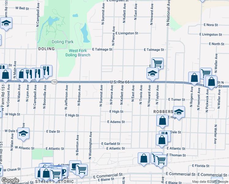 map of restaurants, bars, coffee shops, grocery stores, and more near 2302 North Pierce Avenue in Springfield