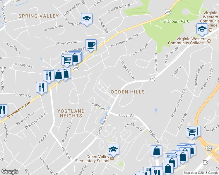 map of restaurants, bars, coffee shops, grocery stores, and more near 3810 Greenway Drive Southwest in Roanoke