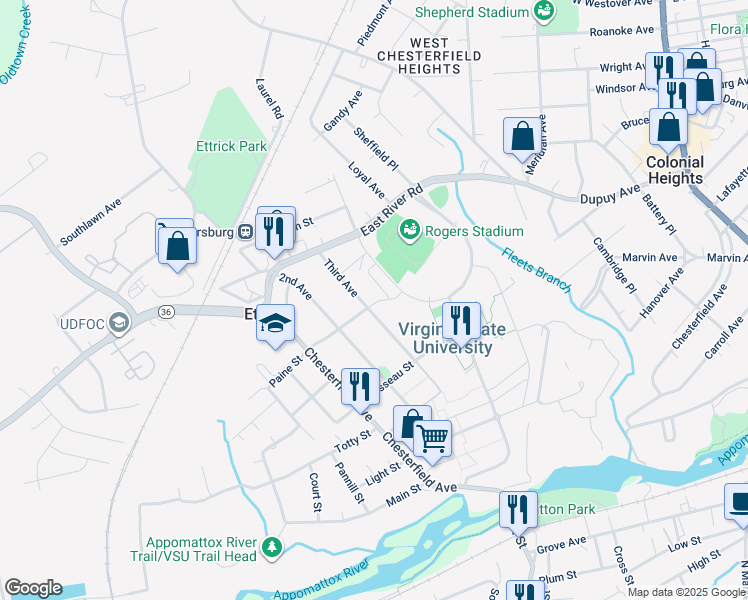map of restaurants, bars, coffee shops, grocery stores, and more near 20803 Third Avenue in Ettrick