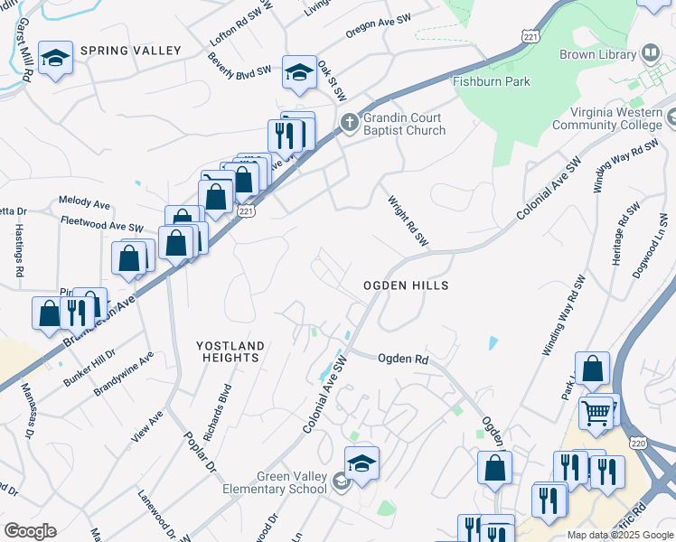 map of restaurants, bars, coffee shops, grocery stores, and more near 3600 Colonial Green Circle in Roanoke