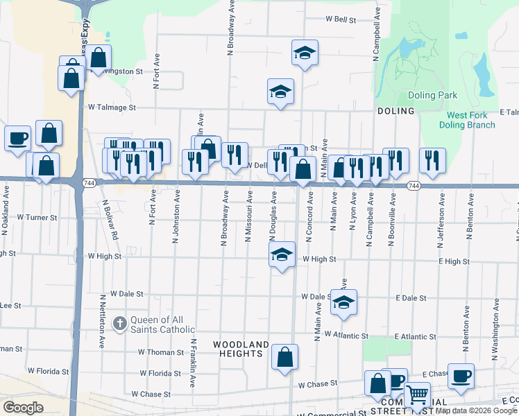 map of restaurants, bars, coffee shops, grocery stores, and more near 821 West Turner Street in Springfield