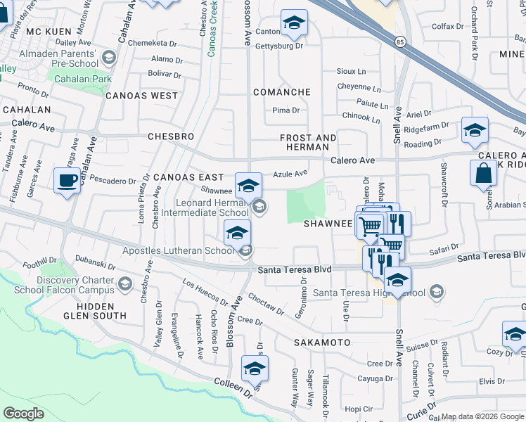 map of restaurants, bars, coffee shops, grocery stores, and more near 6066-6080 Blossom Ave in San Jose