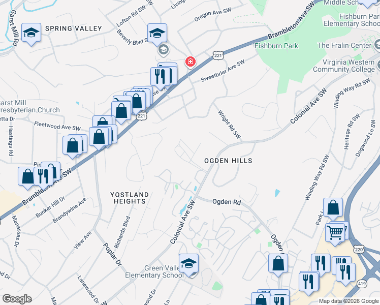 map of restaurants, bars, coffee shops, grocery stores, and more near 3600 Colonial Green Circle in Roanoke