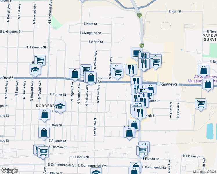 map of restaurants, bars, coffee shops, grocery stores, and more near 1602 East Kearney Street in Springfield