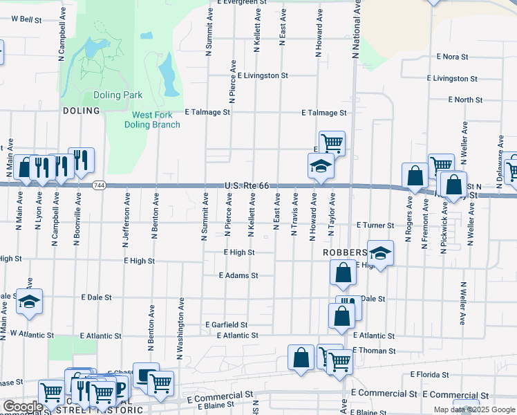 map of restaurants, bars, coffee shops, grocery stores, and more near 915 East Turner Street in Springfield