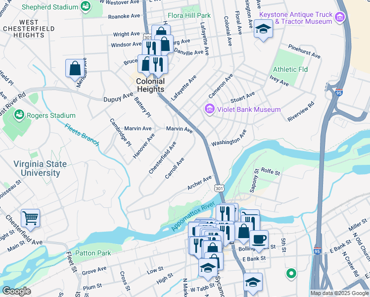 map of restaurants, bars, coffee shops, grocery stores, and more near 116 Carroll Avenue in Colonial Heights