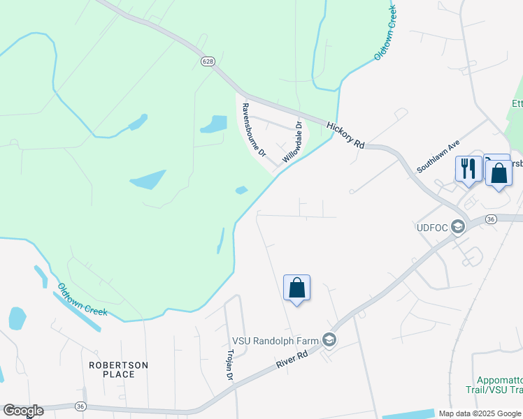 map of restaurants, bars, coffee shops, grocery stores, and more near 4422 Butler Lane in Petersburg