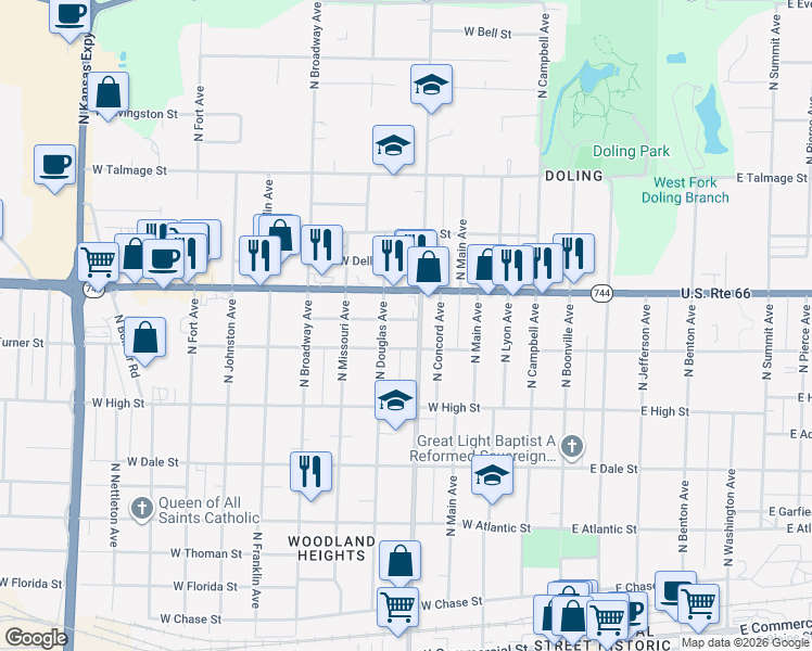 map of restaurants, bars, coffee shops, grocery stores, and more near 721 West Turner Street in Springfield