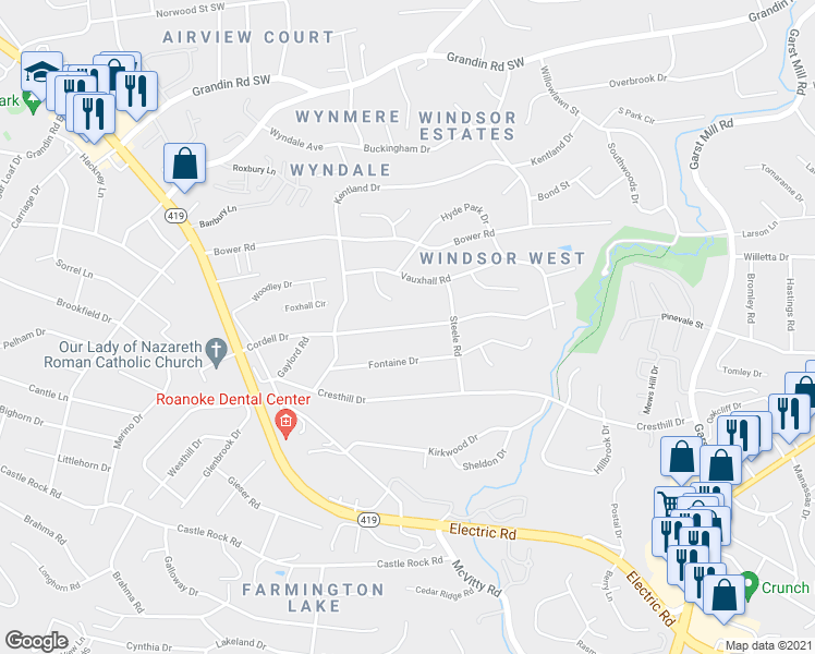 map of restaurants, bars, coffee shops, grocery stores, and more near 4435 Cordell Drive in Cave Spring