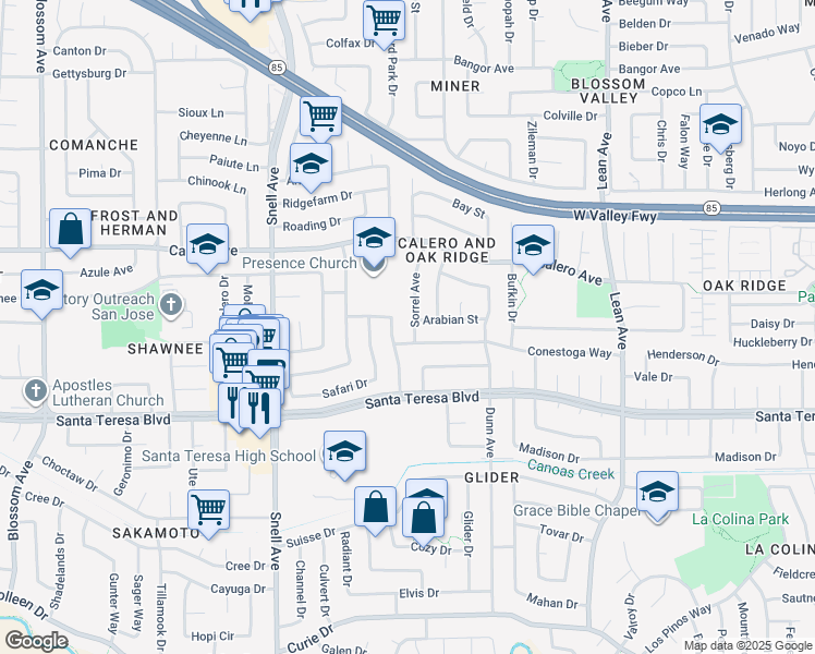 map of restaurants, bars, coffee shops, grocery stores, and more near 5991 Sorrel Avenue in San Jose