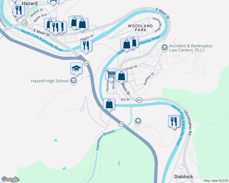 map of restaurants, bars, coffee shops, grocery stores, and more near Evans Lane in Hazard