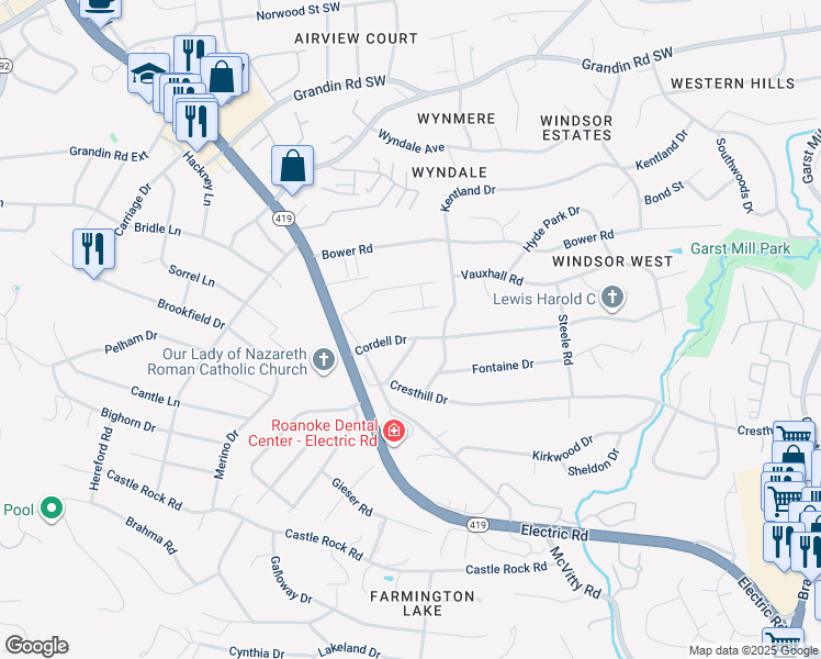 map of restaurants, bars, coffee shops, grocery stores, and more near 4705 Cordell Drive in Roanoke