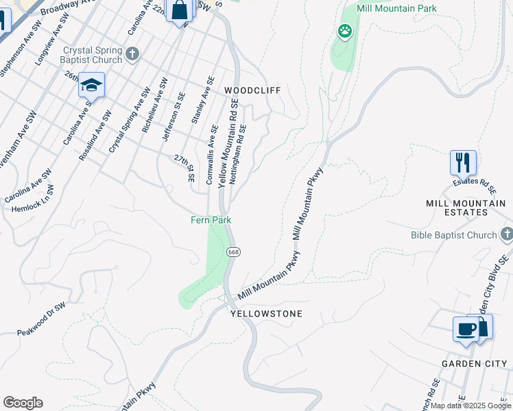 map of restaurants, bars, coffee shops, grocery stores, and more near 2712 Robin Hood Road Southeast in Roanoke