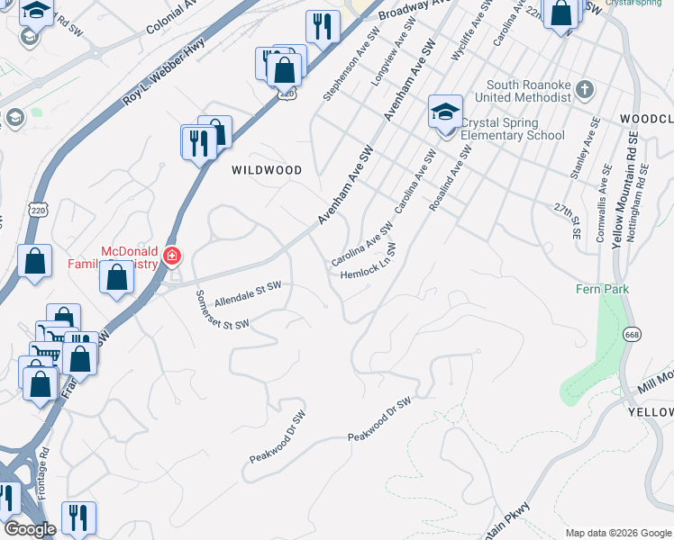 map of restaurants, bars, coffee shops, grocery stores, and more near 419 Cassell Lane Southwest in Roanoke