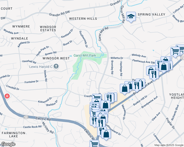 map of restaurants, bars, coffee shops, grocery stores, and more near 4353 Garst Mill Road in Cave Spring