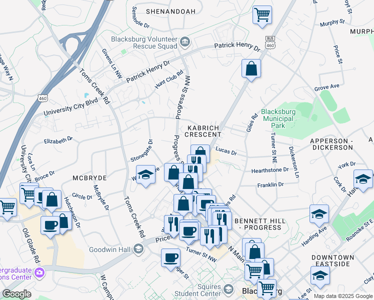 map of restaurants, bars, coffee shops, grocery stores, and more near 906 Montgomery Street Northwest in Blacksburg