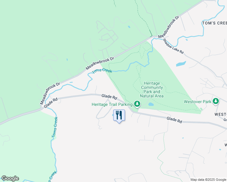 map of restaurants, bars, coffee shops, grocery stores, and more near 2500 Glade Road in Blacksburg