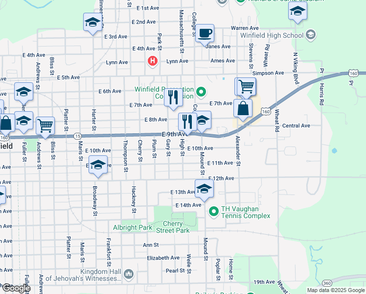 map of restaurants, bars, coffee shops, grocery stores, and more near 1001-1099 High St in Winfield