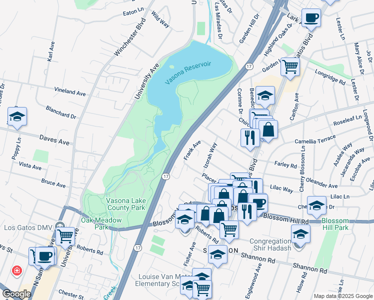 map of restaurants, bars, coffee shops, grocery stores, and more near 16971 Frank Avenue in Los Gatos