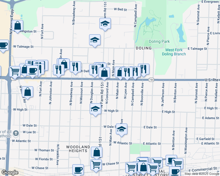 map of restaurants, bars, coffee shops, grocery stores, and more near 2301 North Concord Avenue in Springfield