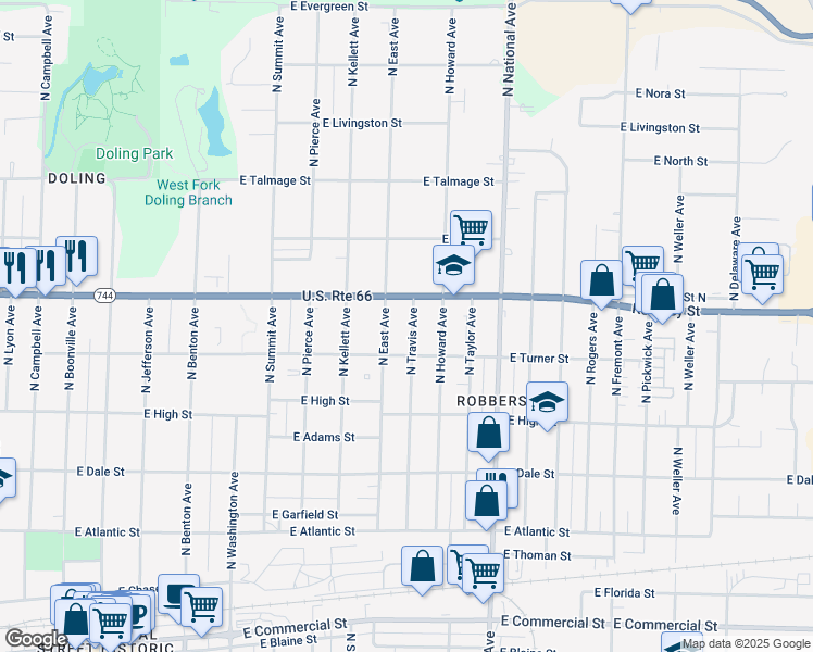 map of restaurants, bars, coffee shops, grocery stores, and more near 2327 North Travis Avenue in Springfield